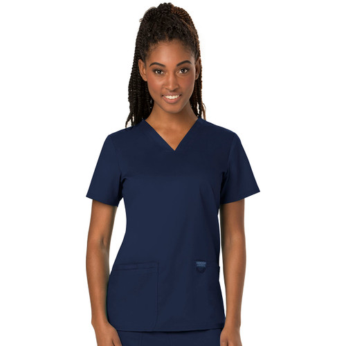 Revo Two Pocket Ladies V-Neck Top with embroidered logo [DC001-WW620GWS-NAVY]