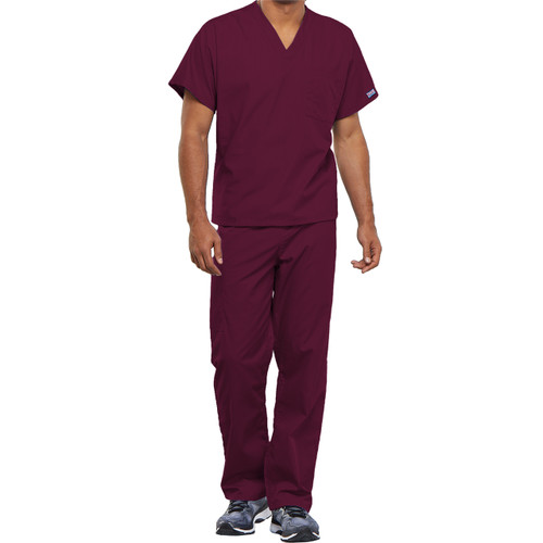 Unisex V-Neck Short Sleeve Top with embroidered logo [PA210-4777/KHS-WINE]