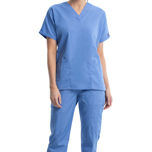 V-Neck Scrub Top with embroidered logo [NY165-4700-CIEL]