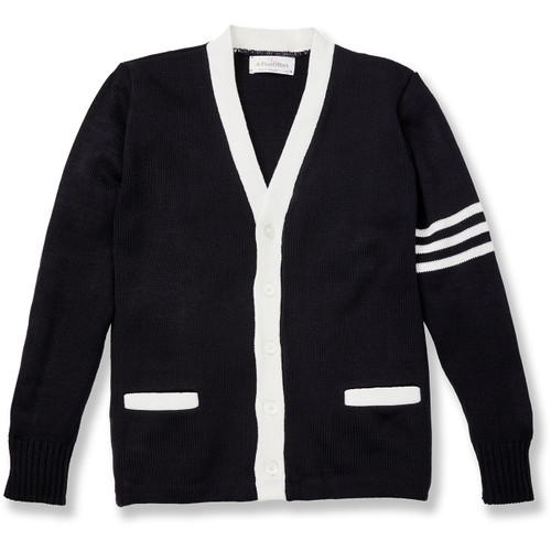V-Neck Varsity Cardigan Sweater with heat transferred logo [MD333-3472-NAVY/ WH]