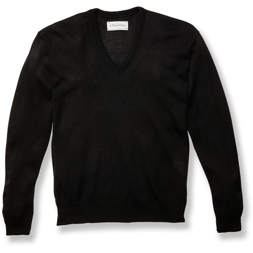 Fine Gauge V-Neck Sweater with embroidered logo [WI005-6432-BLACK]