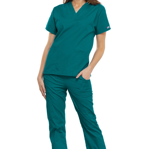Women's V-Neck Short Sleeve Top with heat transferred logo [MD041-4700/BCC-TEAL]