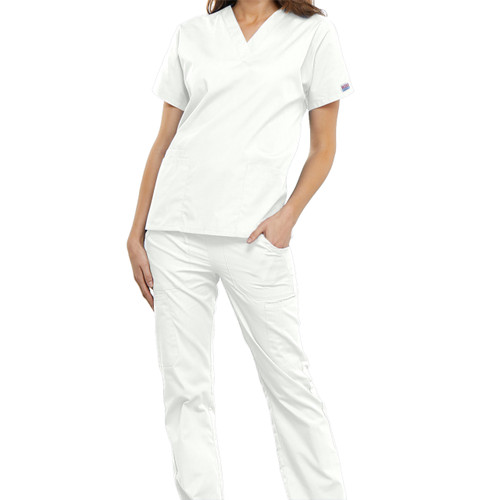 Women's V-Neck Short Sleeve Top with heat transferred logo [NY414-4700/LLP-WHITE]