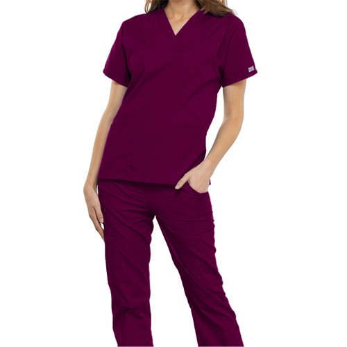 2 Pocket Ladies V-Neck Top with heat transferred logo [NY140-4700-WINE]