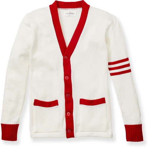V-Neck Varsity Cardigan Sweater [AK009-3466-WH W/LIP]