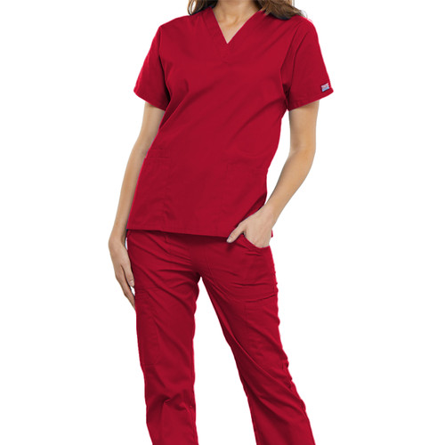 V-Neck Scrub Top with heat transferred logo [DC016-4700-RED]
