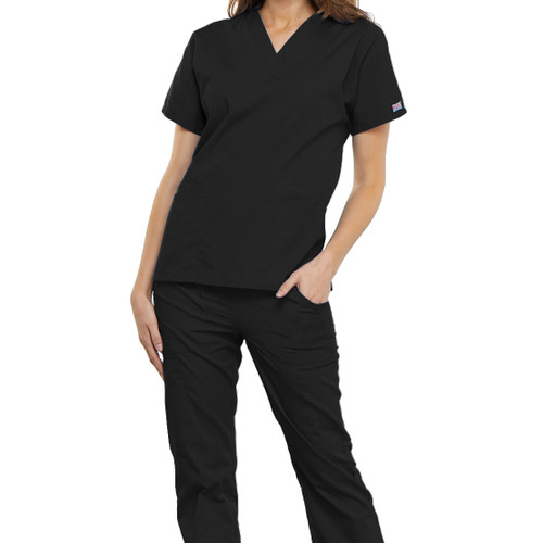 V-Neck Scrub Top with embroidered logo [NY169-4700/PAS-BLACK]