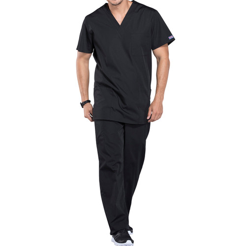 Unisex V-Neck Short Sleeve Top with embroidered logo [NY200-4876-SCN-BLACK]