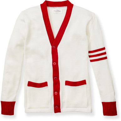 V-Neck Varsity Cardigan Sweater [AK021-3466-WH W/LIP] - FlynnO