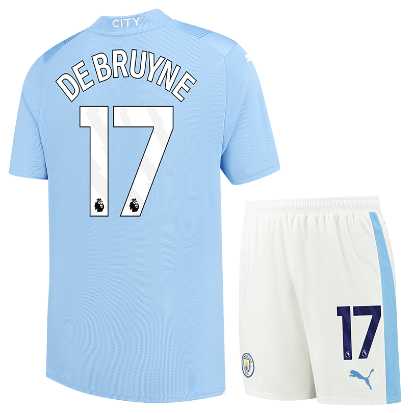 DE BRUYNE #17 Manchester City 23/24 Kid's Home Shirt and Shorts - PL Font