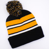 Black, Gold + White Striped Cuffed Knit Hat with Pom