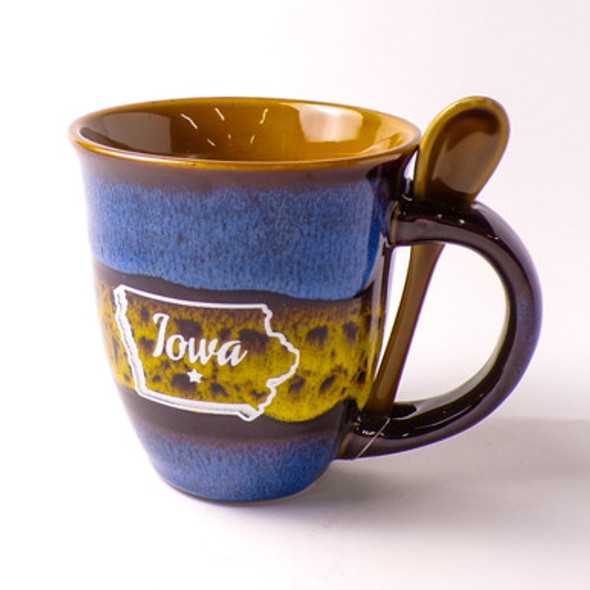 Hand Crafted Ceramic Iowa Coffee Mug with Spoon
