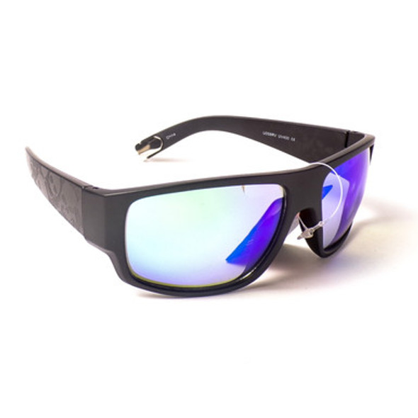 Black Full Frame Designer Sunglasses w/Skulls and Blue Lens