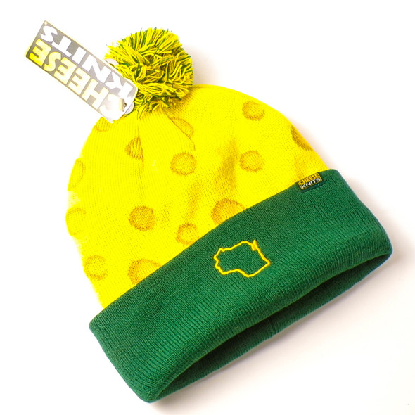Green + Gold Wisconsin Cheese Head Knit Cap with Pom