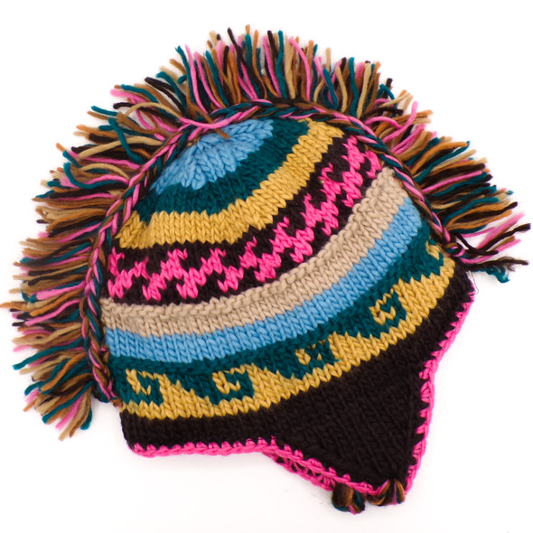 Pink, Green + Brown Knit Lined Helmet Hat w/Mohawk