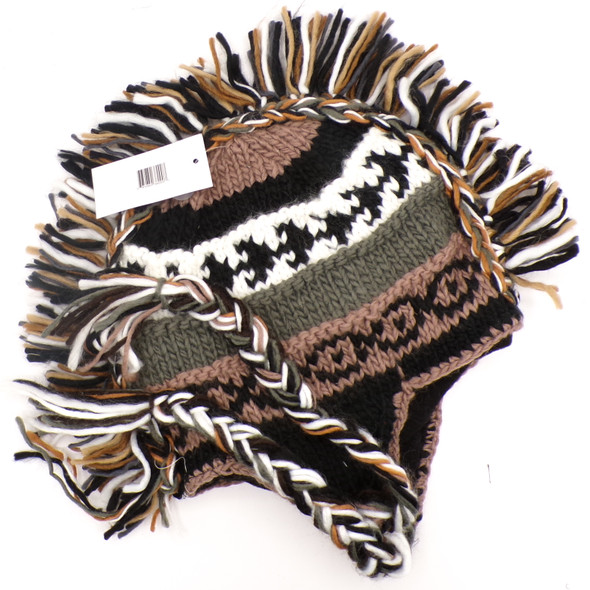 Green, Black + Brown Lined Knit Helmet Hat w/Mohawk
