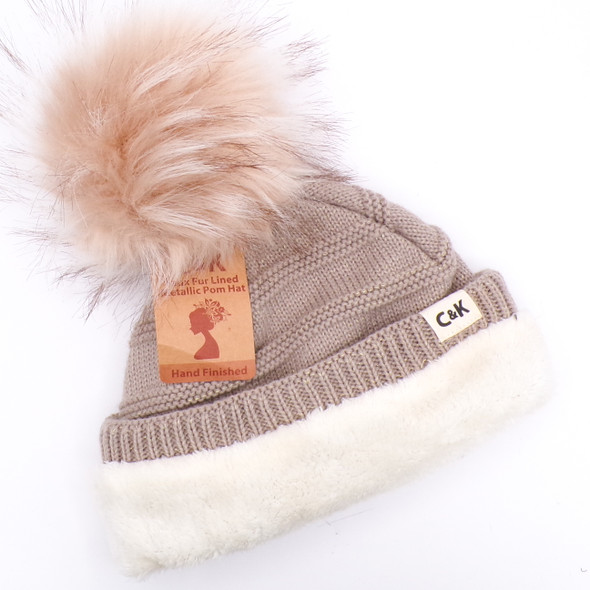 Beige Faux Fur Lined Knit Beanie Hat w/Pom + Gold Threads
