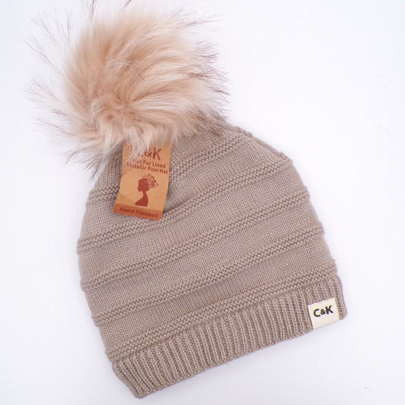 Beige Faux Fur Lined Knit Beanie Hat w/Pom + Gold Threads