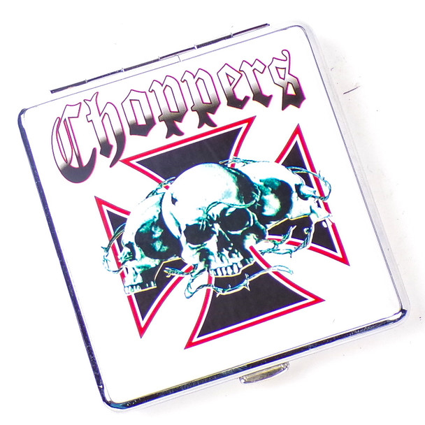 Vintage White Choppers Three Skulls Leather/Chrome Cigarette Case