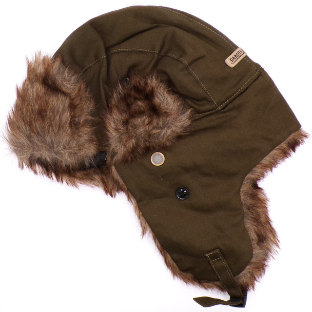 Army Green Faux Fur Lined Knit Trappers Hat w/Ear Holes + Chin Strap Clip