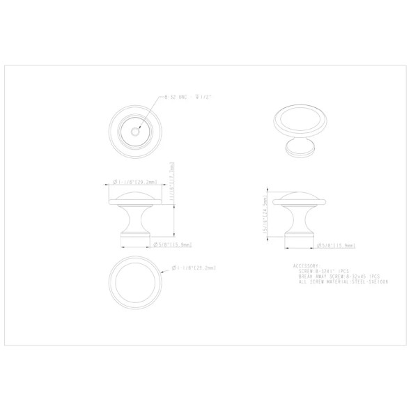 1-1/8" Diameter Button Watervale Cabinet Mushroom Knob 647