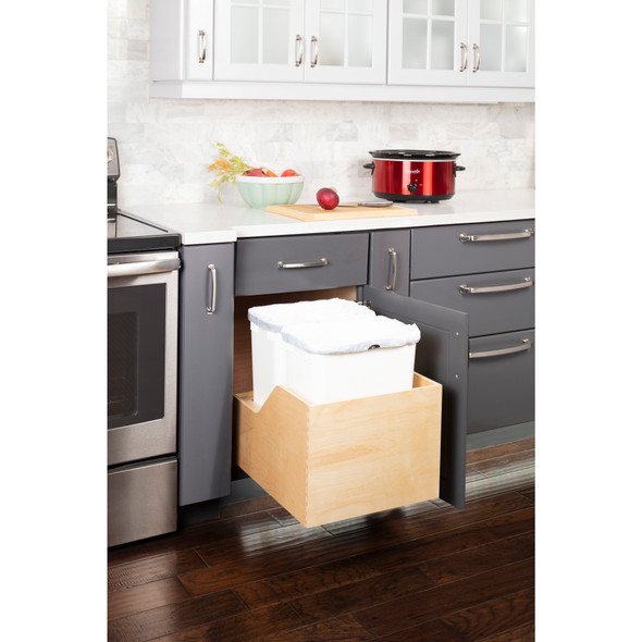 Double 35 Qrt Wood Bottom-Mount Soft-Close Trashcan Rollout for Hinged Doors