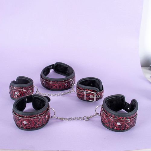 SM 11-Piece Diamond Pattern Plush Bondage Set Black Red BDSM Kit Blindfold Ball Gag Nipple Clamps Handcuffs Ankle Cuffs Whip Collar Feather Tickler Adult Sex Toy