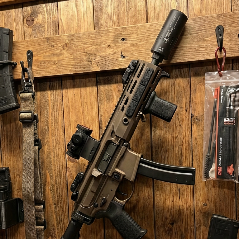 Shooter at the range with suppressed rifle