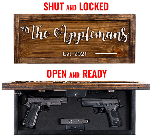 Family name gun concealment wall art shut vs open