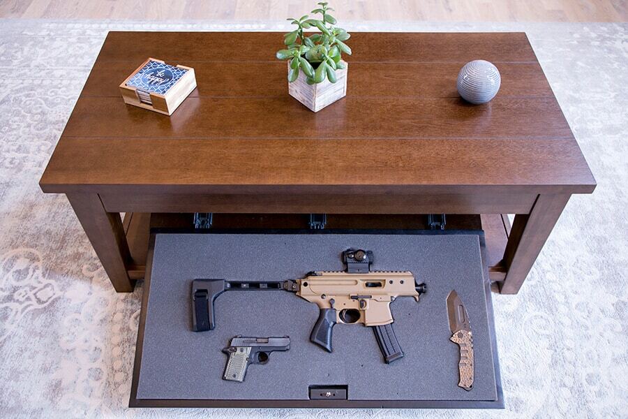 premium quality tactical coffee table with guns and knives opened