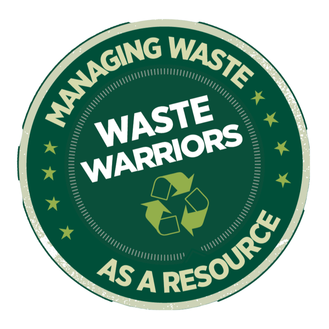 green circle graphic that looks distressed and reads waste warriors, managing waste as a resource with recycling symbol