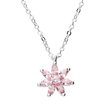 Sterling silver pink cubic zirconia flower necklace with 999 silver finish – 88Pure Collection.
