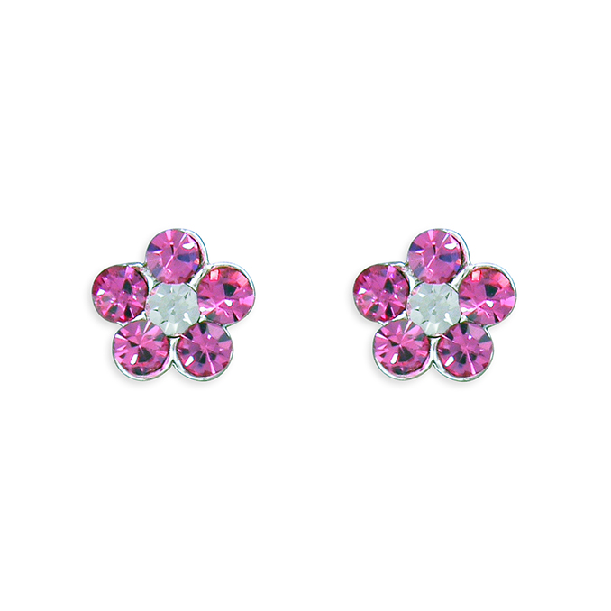 Sterling Silver Pink Crystal Flower Stud Earrings