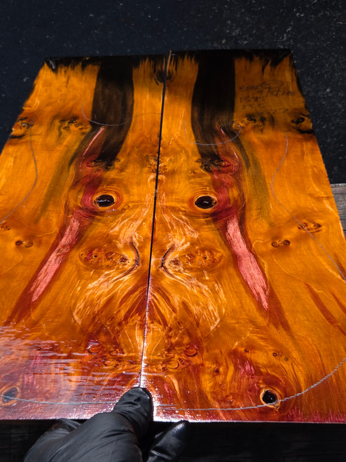Orange red black boxelder burl stabilized  bookmatch 9.10.26.004