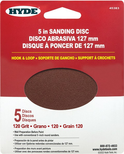 Hyde 45383 5 120 Grit Round Hook Loop Sandpaper (5pk)