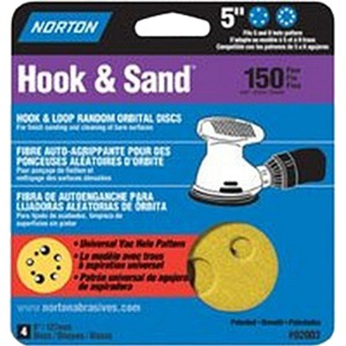 Norton 02003 5" 5 & 8 Hole P150 Hook & Sand Paper H&L UVH Disc 4Pk