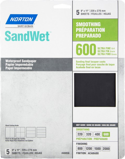 Norton 48058 9" x 11" 600 SandWet Waterproof Paper Sheet 5Pk