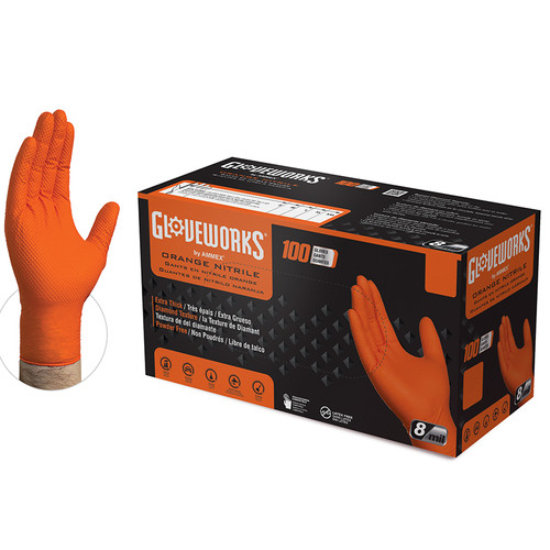 X-Large Ammex GWON48100 Orange Gloveworks Nitrile Industrial Latex Free Disposable Gloves, 8-Mil, 100-Pack - Case of 10