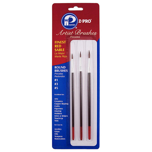 3 pc Premier AR10103 Artist Brush Red Sable Round Carded Brush Set, 3-Piece