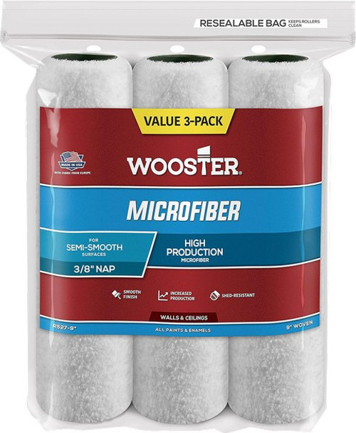 Wooster R527 9" x 3/8" Nap Microfiber Roller Cover (3pk)