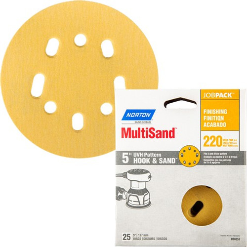 Norton 04057 5" 5 & 8 Hole P220 Hook & Sand Paper H&L UVH Disc 25Pk