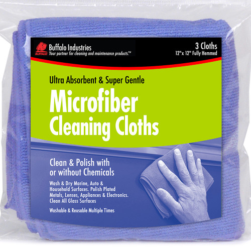 12" x 12" Buffalo 64000 Blue Microfiber Cloths Economy Cleaning Cloths, 3-Pack