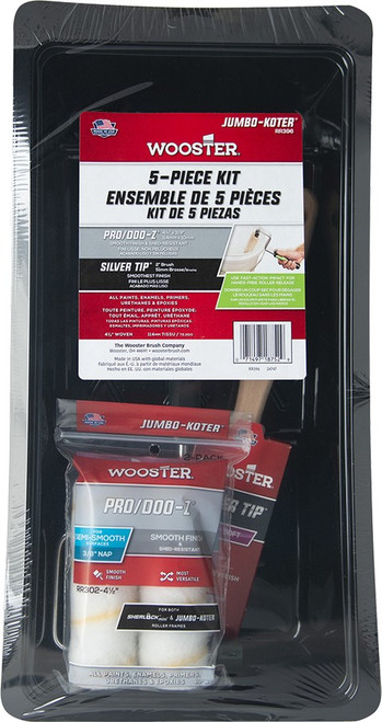 Wooster RR396 4-1/2" x 3/8" Nap Pro/Doo-Z FTP Jumbo-Koter Mini Roller & 2" Silver Tip Angle Sash Brush Kit (5pc)