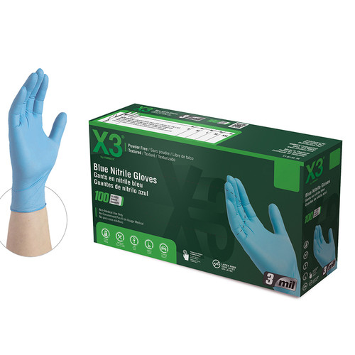 X-Large Ammex X348100 Blue X3 Nitrile Industrial Latex Free Disposable Gloves, 3-Mil, 100-Pack - Case of 10