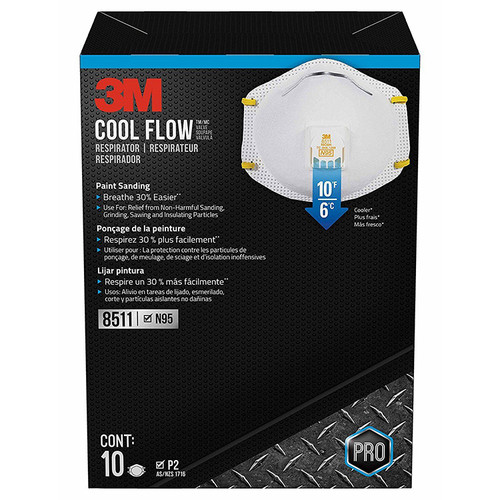 3M 8511PB1-A 3M Cool Flow Paint Sanding Valved Respirator, 10-Pack