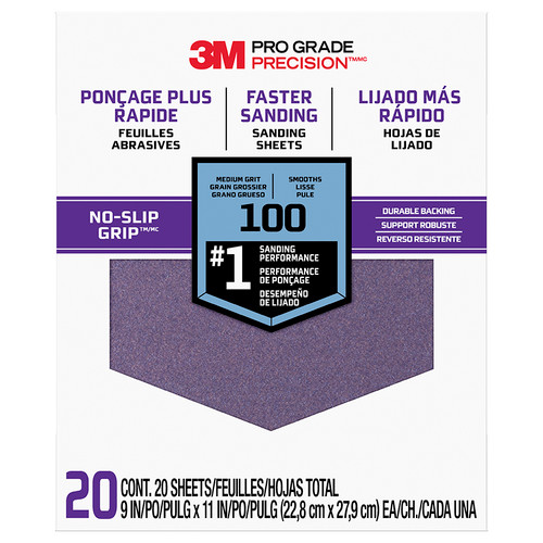 9" x 11" 3M SHCP100-PGP20T Pro Grade Precision No-Slip Grip Sanding Sheet, 100-Grit, 20-Pack
