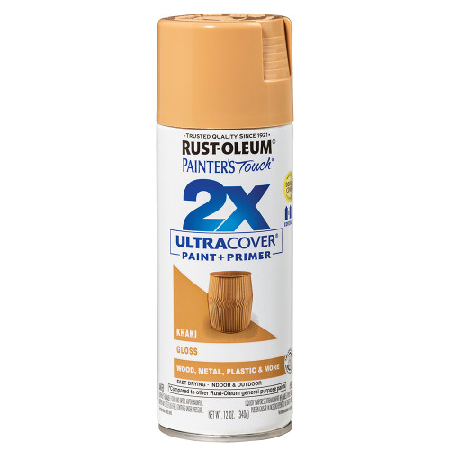 12 Oz Rust-Oleum 334037 Gloss Khaki Painter's Touch 2X Ultra Cover Paint + Primer Spray Paint, Gloss