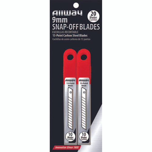 9mm Allway SB9-20C Red/Black B-Series Carded, Standard Carbon Steel 13-Point Snap Blade with Safety Holder Dispenser 20 Blade Pack