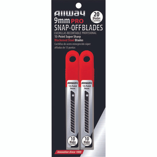 9mm Allway SB9-20B Red/Black B-Series Carded, Premium Blackened Steel 13-Point Snap Blade with Safety Holder Dispenser, 20 Blade Pack