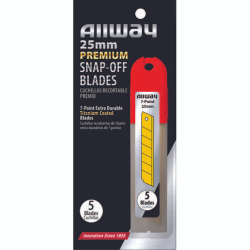 25mm Allway SB25-5T Red/Black B-Series Carded, Extra Durable Titanium 7-Point Snap Blade with, Safety Holder Dispenser, 5 Blade Pack